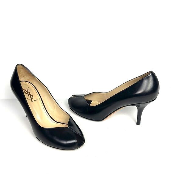 YSL Yves Saint Laurent Black Leather Peep Toe Heels Shoes - Picture 2 of 15
